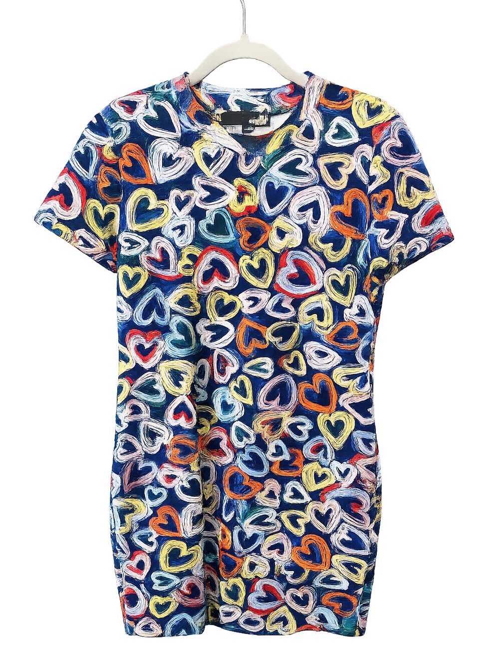 Moschino Dress Navy Short-Sleeve Tee with Multicolor Heart Print